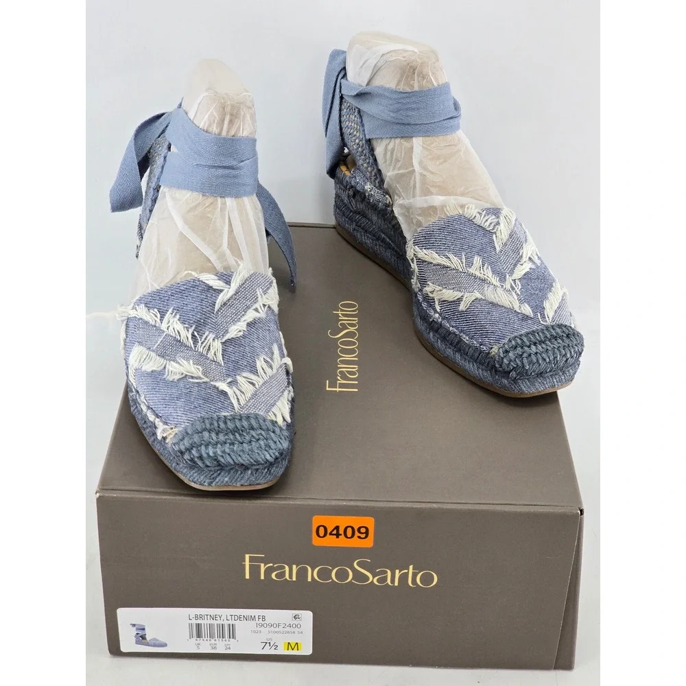 Franco Sarto L-Britney Espadrille Sandals Womens 7.5 Blue Denim Wedge Tie -New